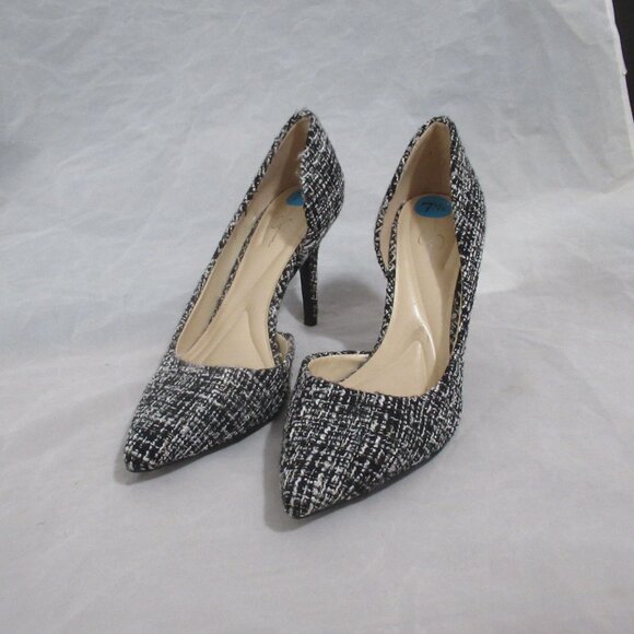 Share Jessica Simpson Pointed Toe High Heel Pumps black white tweed Gold sparkle - Picture 1 of 9